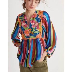 Anthropologie Verb by Pallavi Singhee Boho Embroidered Sequin Tassel Tunic Top M